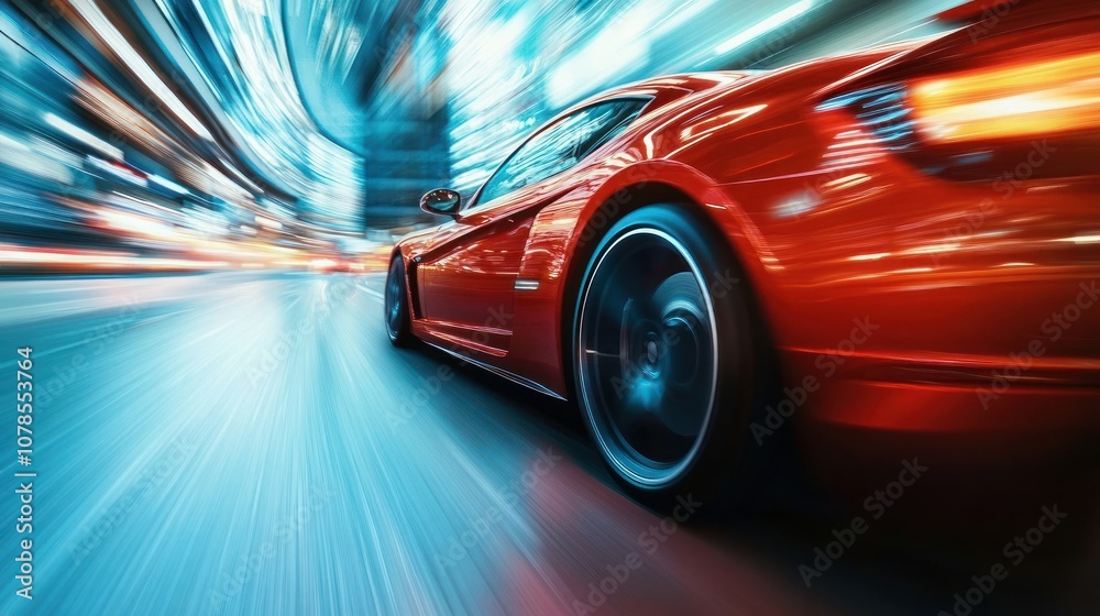 Red Sports Car Speeding Through City at Night Red Sports Car Speeding Through City at Night