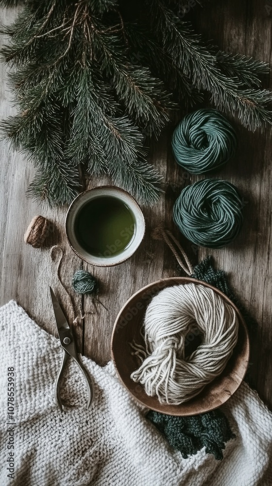 Cozy crafting setup with green yarn, a steaming drink, and natural decorations on a wooden table Cozy crafting setup with green yarn, a steaming drink, and natural decorations on a wooden table