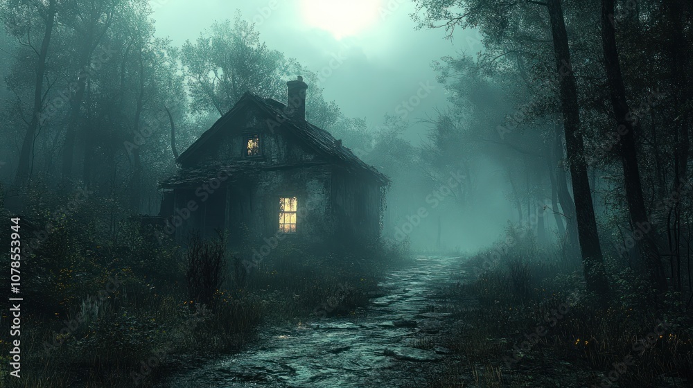 Mysterious Cabin in Foggy Forest Mysterious Cabin in Foggy Forest