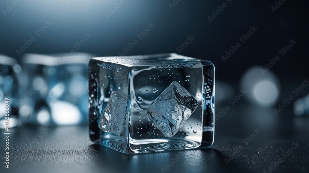 Close-up of a single ice cube with water droplets on a dark surface. Close-up of a single ice cube with water droplets on a dark surface.