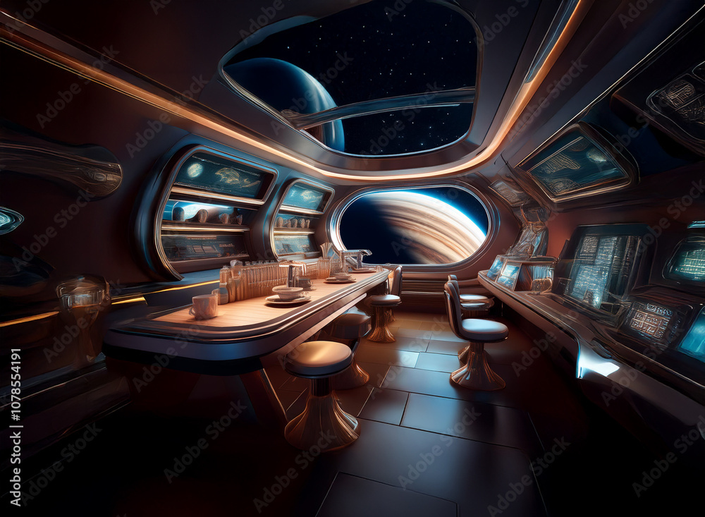 Fototapeta premium A futuristic bar with a view of a ringed planet and a starry sky, perfect for an intergalactic drink.