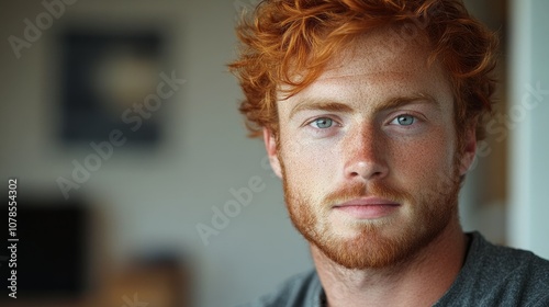 portrait attractive red hair man 35 years old at home with copy space