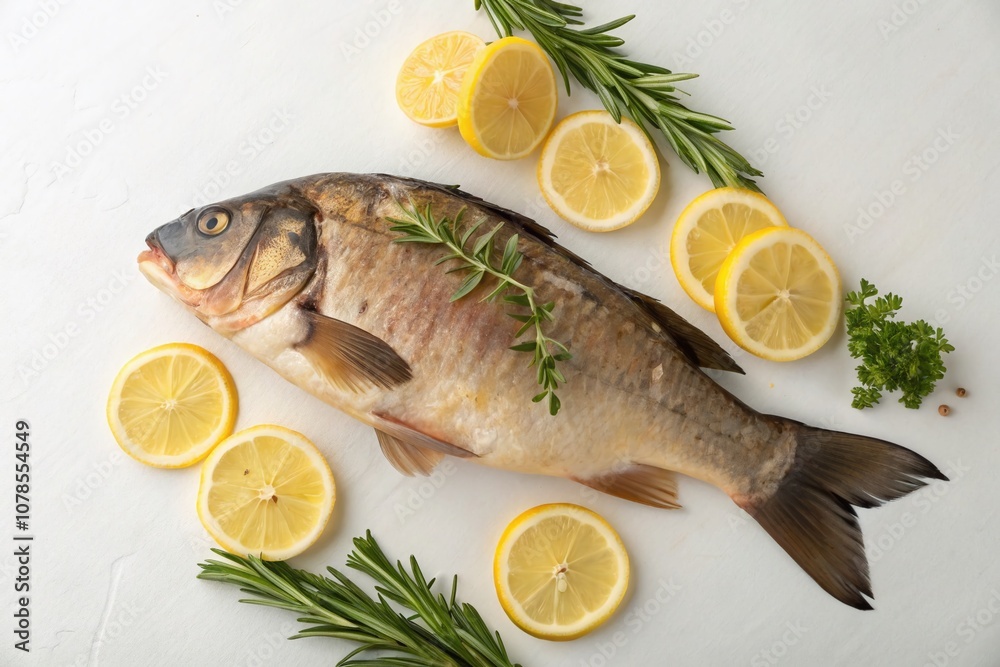 Minimalist Still Life of a Whole Raw Carp Mirror with Fresh Lemon Slices on a Simple White Table for Culinary and Food Photography Minimalist Still Life of a Whole Raw Carp Mirror with Fresh Lemon Slices on a Simple White Table for Culinary and Food Photography