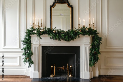 Decorative fireplace mantel with greenery and candles during the holiday season photo