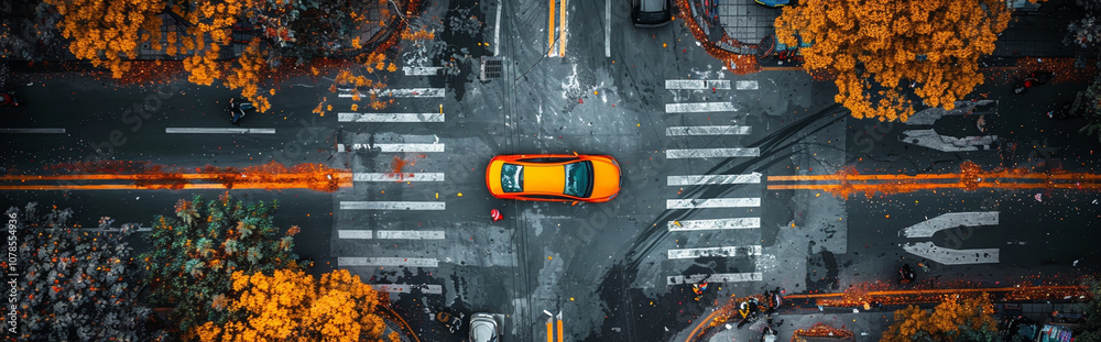 Aerial View of Vibrant Urban Intersection with Orange Car, Autumn Foliage, and Crosswalks - Ideal for Travel and Urban Design Aerial View of Vibrant Urban Intersection with Orange Car, Autumn Foliage, and Crosswalks - Ideal for Travel and Urban Design
