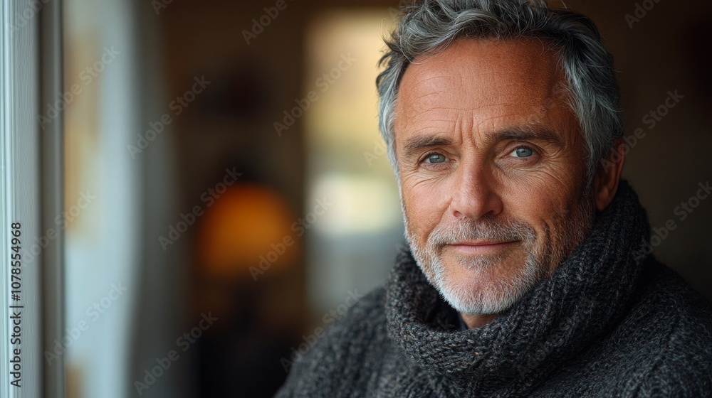 portrait of handsome man 60 years old in grey knitted sweater at home, closeup portrait of handsome man 60 years old in grey knitted sweater at home, closeup