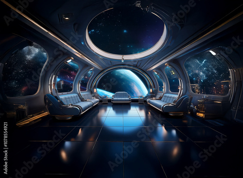 A futuristic spaceship lounge with large windows showing a view of a planet and stars.