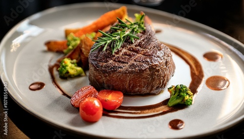 a gourmet steak plated with garnish and vegetables presented in a stylish manner reflecting culinary excellence and attention to detail perfect for fine dining experiences