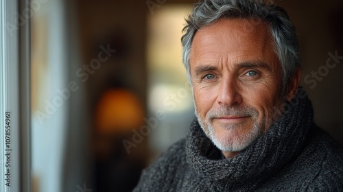 portrait of handsome man 60 years old in grey knitted sweater at home, closeup