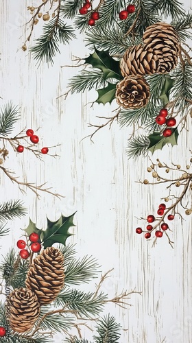 Rustic white wooden background featuring Christmas greenery, pine cones, red berries, and holly leaves, arranged on the left side of the frame.