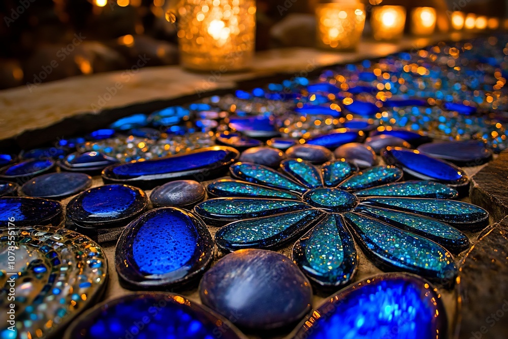 Glittering blue mosaic of a floral pattern with radiant gemstone like textures and luminous highlights evoking festive sophistication and artistic elegance Glittering blue mosaic of a floral pattern with radiant gemstone like textures and luminous highlights evoking festive sophistication and artistic elegance