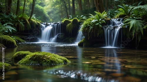 Serene waterfall cascading over moss-covered rocks in a lush green forest. (1)