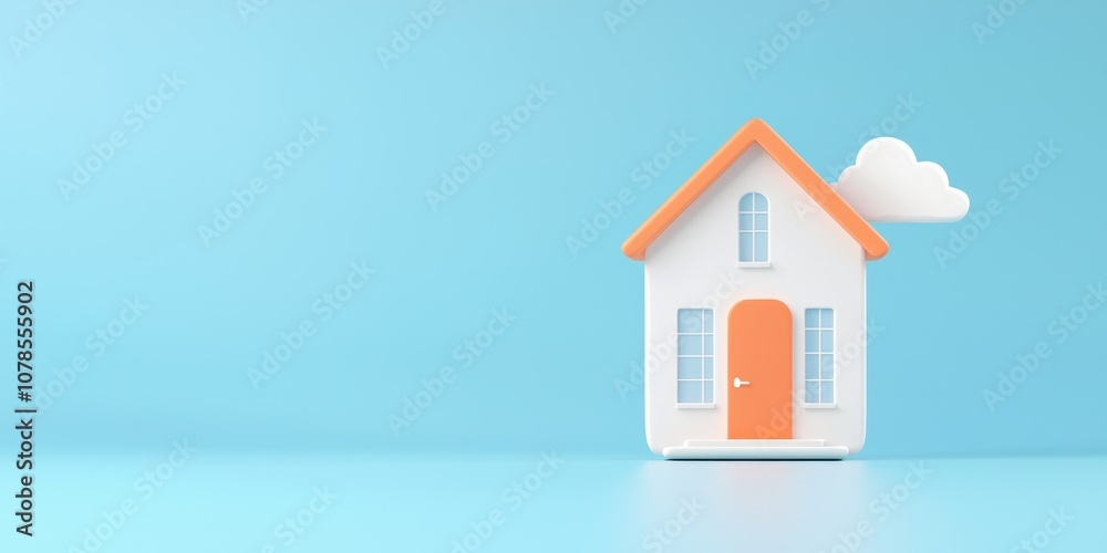 A whimsical model house with an orange roof against a bright blue background. A whimsical model house with an orange roof against a bright blue background.