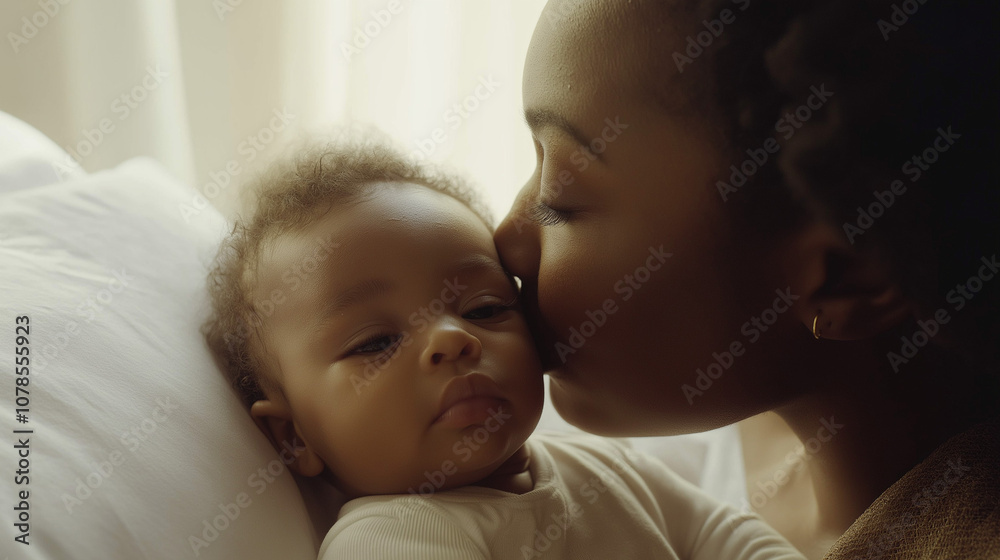 Mother gently kissing her baby on the cheek in a warm, serene setting, symbolizing love, tenderness, and family bonding, perfect for themes of motherhood, family affection, and intimate moments Mother gently kissing her baby on the cheek in a warm, serene setting, symbolizing love, tenderness, and family bonding, perfect for themes of motherhood, family affection, and intimate moments