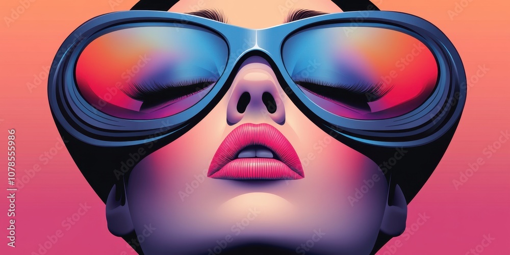 Futuristic woman with bold sunglasses and vibrant makeup in retro style Futuristic woman with bold sunglasses and vibrant makeup in retro style