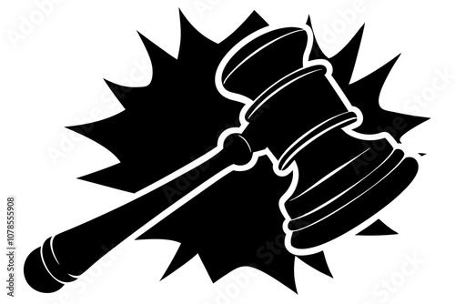 Black Silhouette of Judge's Gavel with Dynamic Burst Background. Vector Illustration.