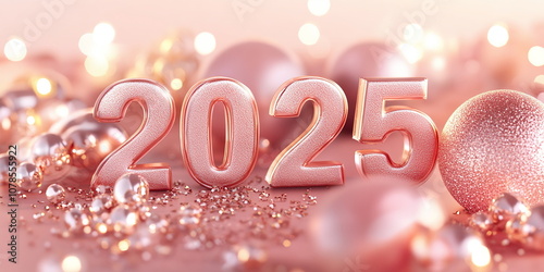 Rose gold numbers 2025 on a soft blush pink background, with metallic confetti and elegant, glowing orbs giving the scene a luxurious look. Wide horizontal banner photo