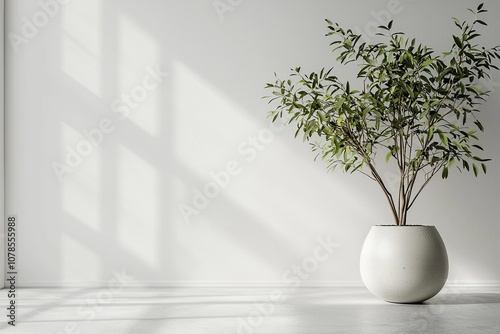 Wallpaper Mural A potted plant with green leaves stands in a white room with sunlight streaming through a window, creating shadows on the white wall. Torontodigital.ca