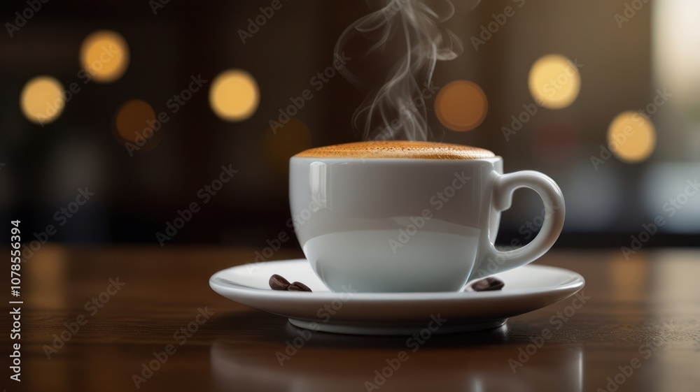 Steaming cup of coffee on a wooden table with bokeh lights in the background. Steaming cup of coffee on a wooden table with bokeh lights in the background.