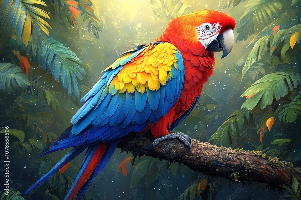Fototapeta premium Colorful macaw parrot perched on a tree branch in a tropical setting.