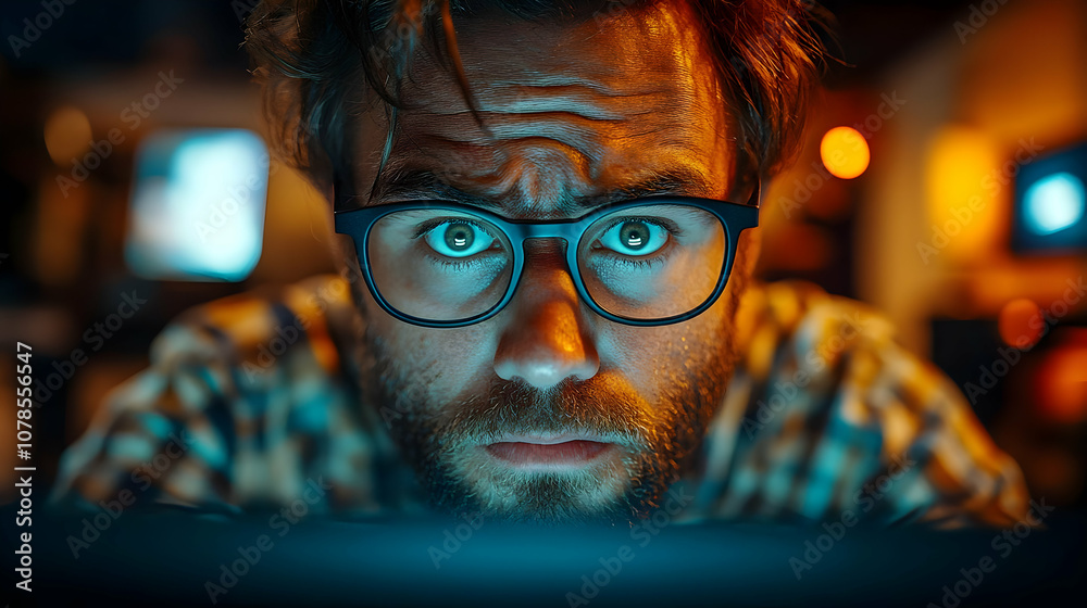 Closeup of a Man's Face Looking at a Screen in a Dimly Lit Room - Realistic Image Closeup of a Man's Face Looking at a Screen in a Dimly Lit Room - Realistic Image