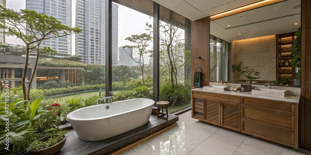 Modern Bathroom with Bathtub and Wooden Furniture in a Stylish Condominium Featuring a Serene Double Exposure Effect for a Unique and Contemporary Feel Modern Bathroom with Bathtub and Wooden Furniture in a Stylish Condominium Featuring a Serene Double Exposure Effect for a Unique and Contemporary Feel