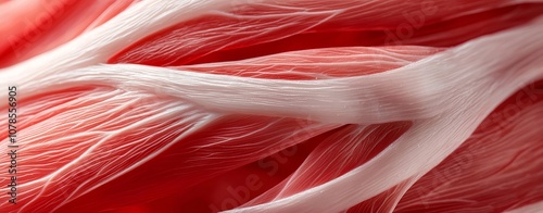 Close-up view showcasing intricate muscle fibers in vibrant red and white hues, emphasizing the beauty of human anatomy. photo