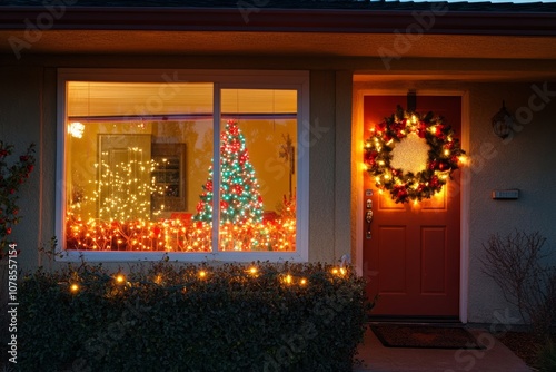 decorated front yard in a Californian suburb, featuring holiday lights, a wreath, and a Christmas tree visible through the window, suburban America photo