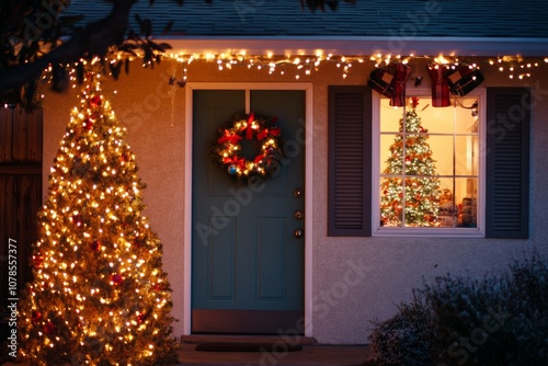 decorated front yard in a Californian suburb, featuring holiday lights, a wreath, and a Christmas tree visible through the window, suburban America photo