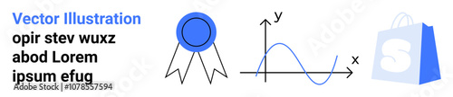A blue badge, a graph with X and Y axes, and a shopping bag with the letter S. Ideal for education, achievement, analytics, shopping, and branding themes. Landing page