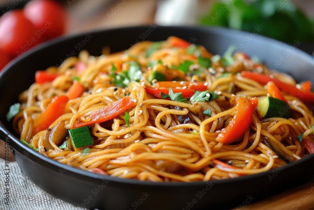 Close-up of stir-fried noodles with vegetables. This photo is perfect for showcasing a delicious and healthy Asian meal. Close-up of stir-fried noodles with vegetables. This photo is perfect for showcasing a delicious and healthy Asian meal.