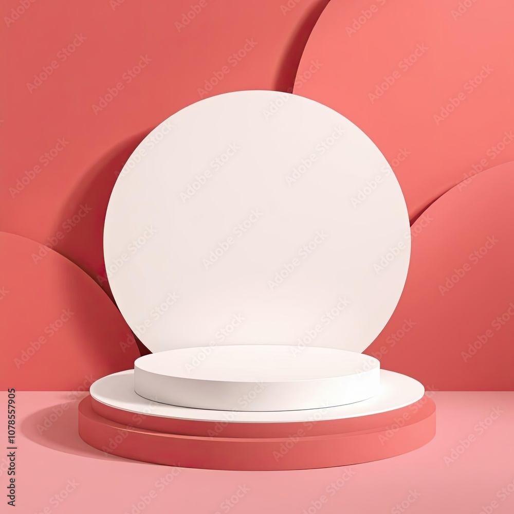 Elegant circular podium amidst a geometric pink and red abstract backdrop