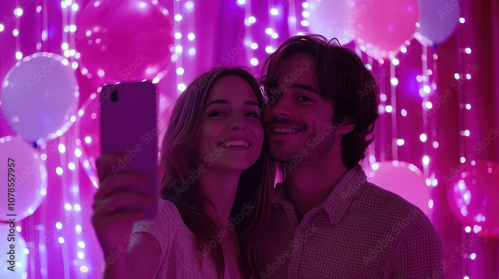 A Young Couple Capturing a Joyful Selfie Amidst Colorful Balloons and Twinkling Lights in a Romantic Setting A Young Couple Capturing a Joyful Selfie Amidst Colorful Balloons and Twinkling Lights in a Romantic Setting