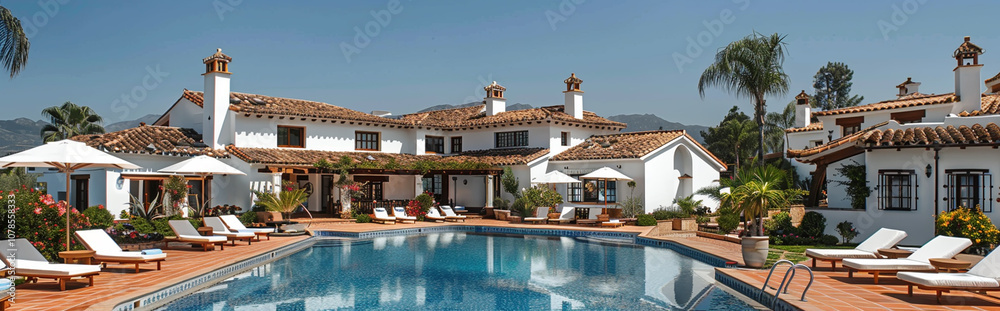 Fototapeta premium Luxurious Spanish Villa with Pool Under Clear Sky Surrounded by Palms and Loungers