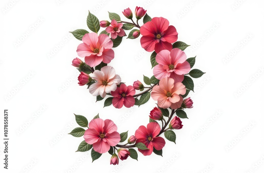 Intertwined flowers letter “9”, realist precision, high saturation, beautiful, inspiring, isolated, flat white background
