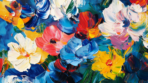 palette with thick strokes of paint in various shades of blue, red, yellow, and green,