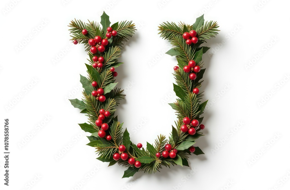 Intertwined christmas decorations letter “U”, realist precision, high saturation, beautiful, inspiring, isolated, flat white background Intertwined christmas decorations letter “U”, realist precision, high saturation, beautiful, inspiring, isolated, flat white background