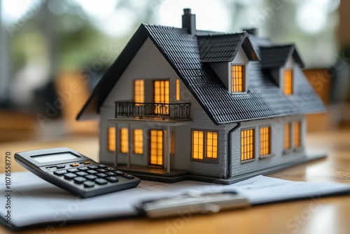 A small model house with a calculator and a clipboard on a wooden table.