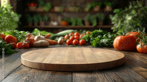 empty wooden board, podium with fresh vegetables in the background, copy space