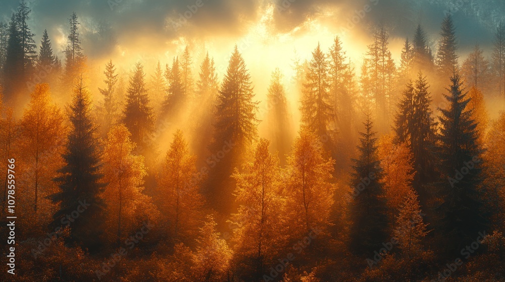 A serene forest bathed in golden light during autumn. A serene forest bathed in golden light during autumn.