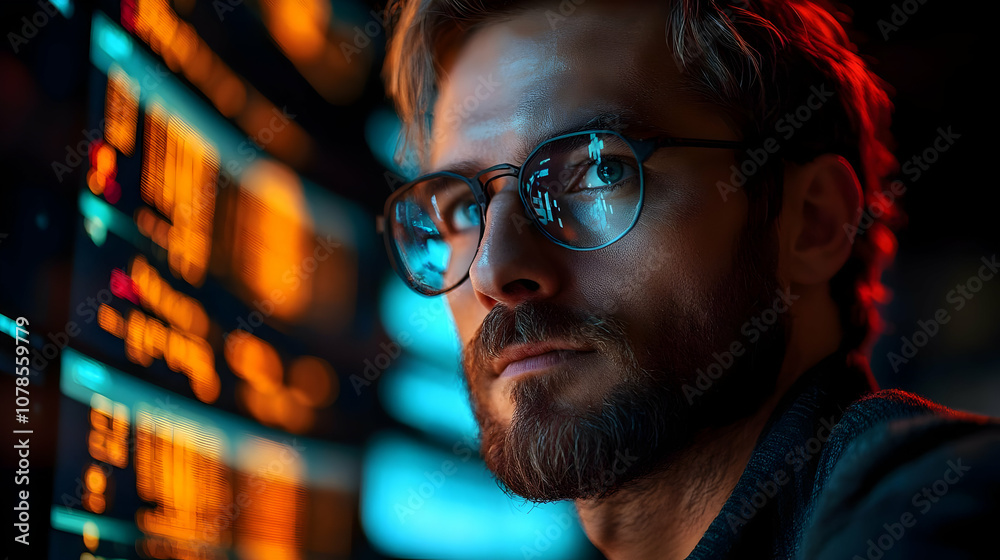 Man Wearing Glasses Looking at Data Screen - Photo Man Wearing Glasses Looking at Data Screen - Photo