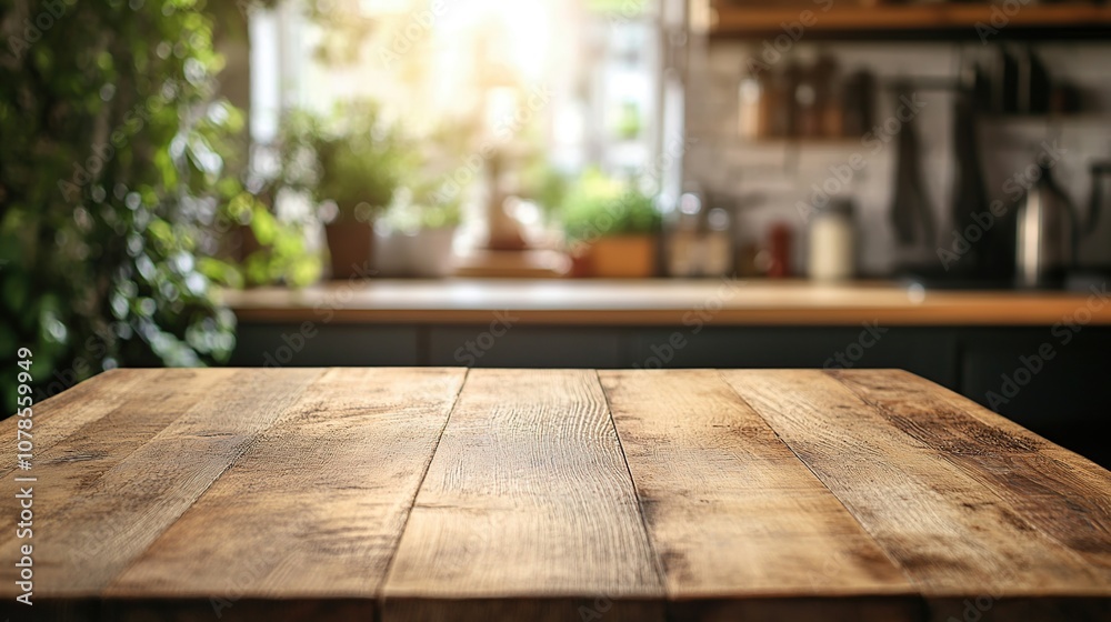 Close-up of a rustic wooden table top with a blurred background of a modern kitchen with a window and greenery. Close-up of a rustic wooden table top with a blurred background of a modern kitchen with a window and greenery.