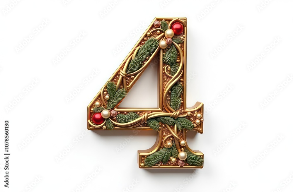 Intertwined christmas decorations number “4”, realist precision, high saturation, beautiful, inspiring, isolated, flat white background Intertwined christmas decorations number “4”, realist precision, high saturation, beautiful, inspiring, isolated, flat white background