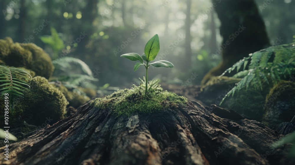 A young plant emerging from a moss-covered log in a serene forest setting. A young plant emerging from a moss-covered log in a serene forest setting.