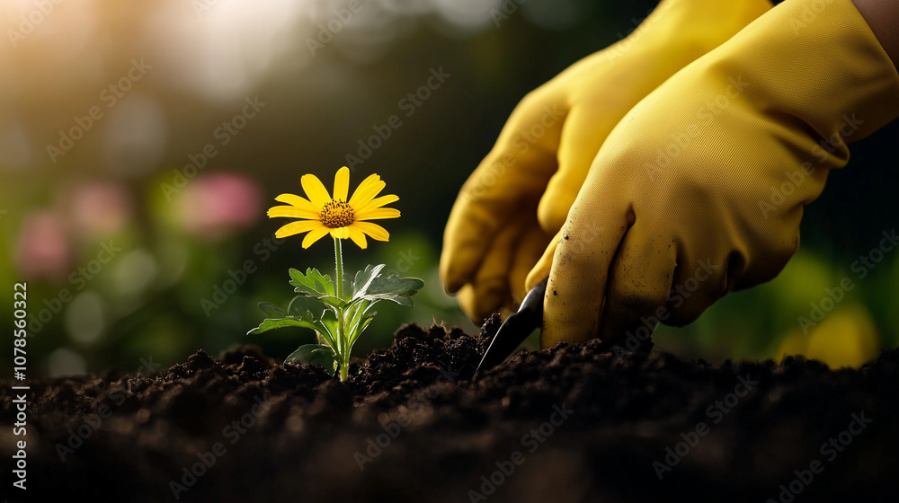 Fototapeta premium Gardener planting flower in soil with yellow gloves