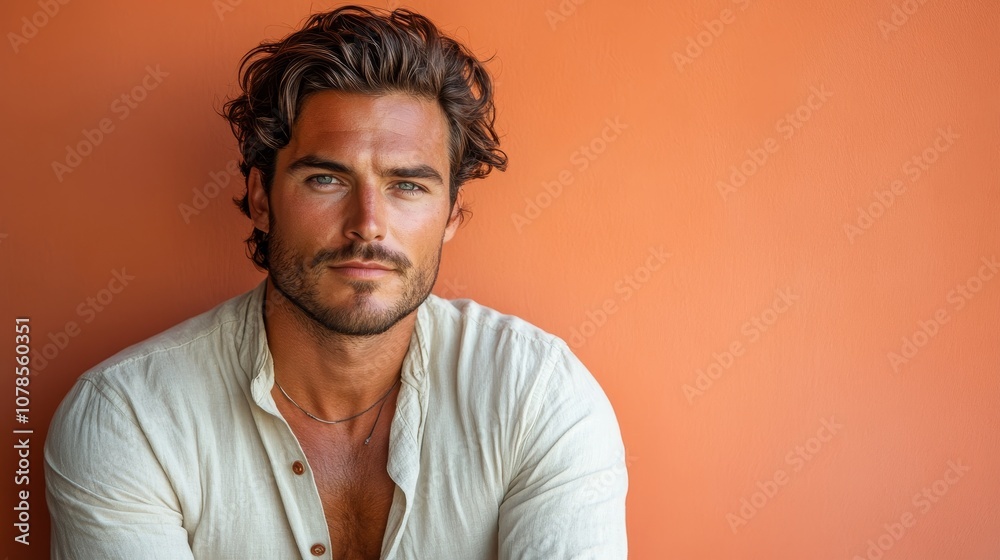 portrait of handsome brutal man 35 years old on orange background, Lovelace, closeup portrait of handsome brutal man 35 years old on orange background, Lovelace, closeup