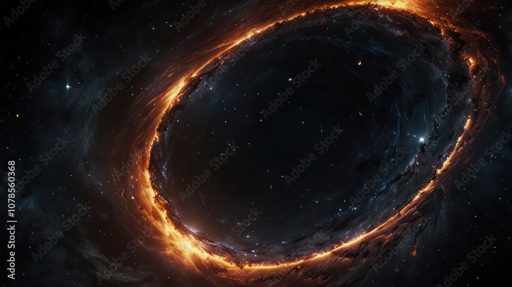 A fiery ring of gas and dust encircles a dark void in space, creating a breathtaking cosmic scene.