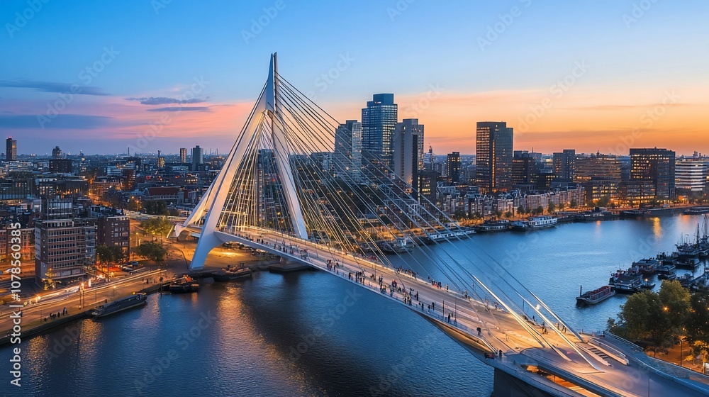 Fototapeta premium A modern bridge with a beautiful cityscape in the background as the sun sets over the city.