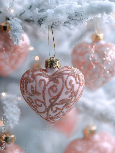 Pink heart-shaped Christmas ornaments hang on the white, snow-covered tree, with glitter and gold details. The background is a soft, pastel shade of light pink. A close-up shot foc photo