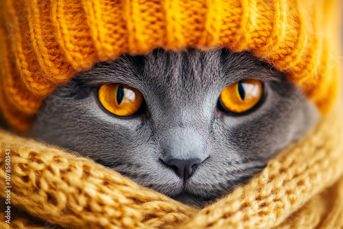 A gray cat with bright yellow eyes is bundled up in a cozy knitted hat and scarf photo